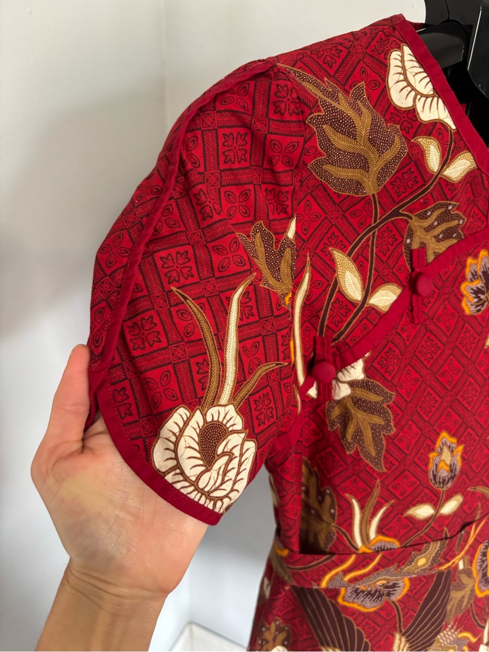 Deep Red Batik Floral Sheath Dress XS - Picture 3 of 16